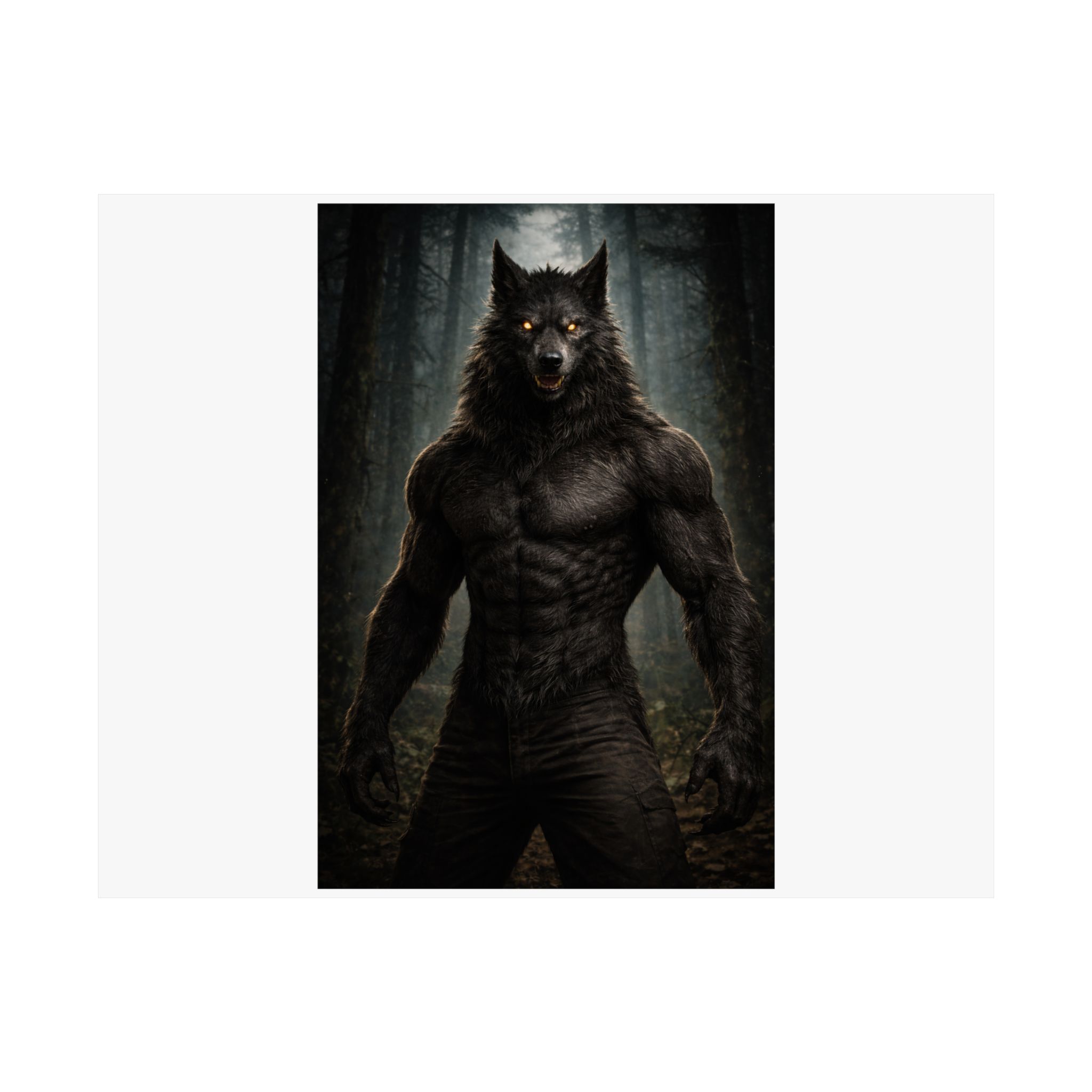 DogMan Art Satin Poster — Muscular Wolf in Dark Forest (210gsm)